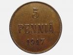 Редкая, медная монета 5 пенни 1917 года.