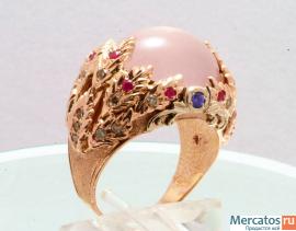 Кольцо с розовым кварцем, рубинами и бриллиантами